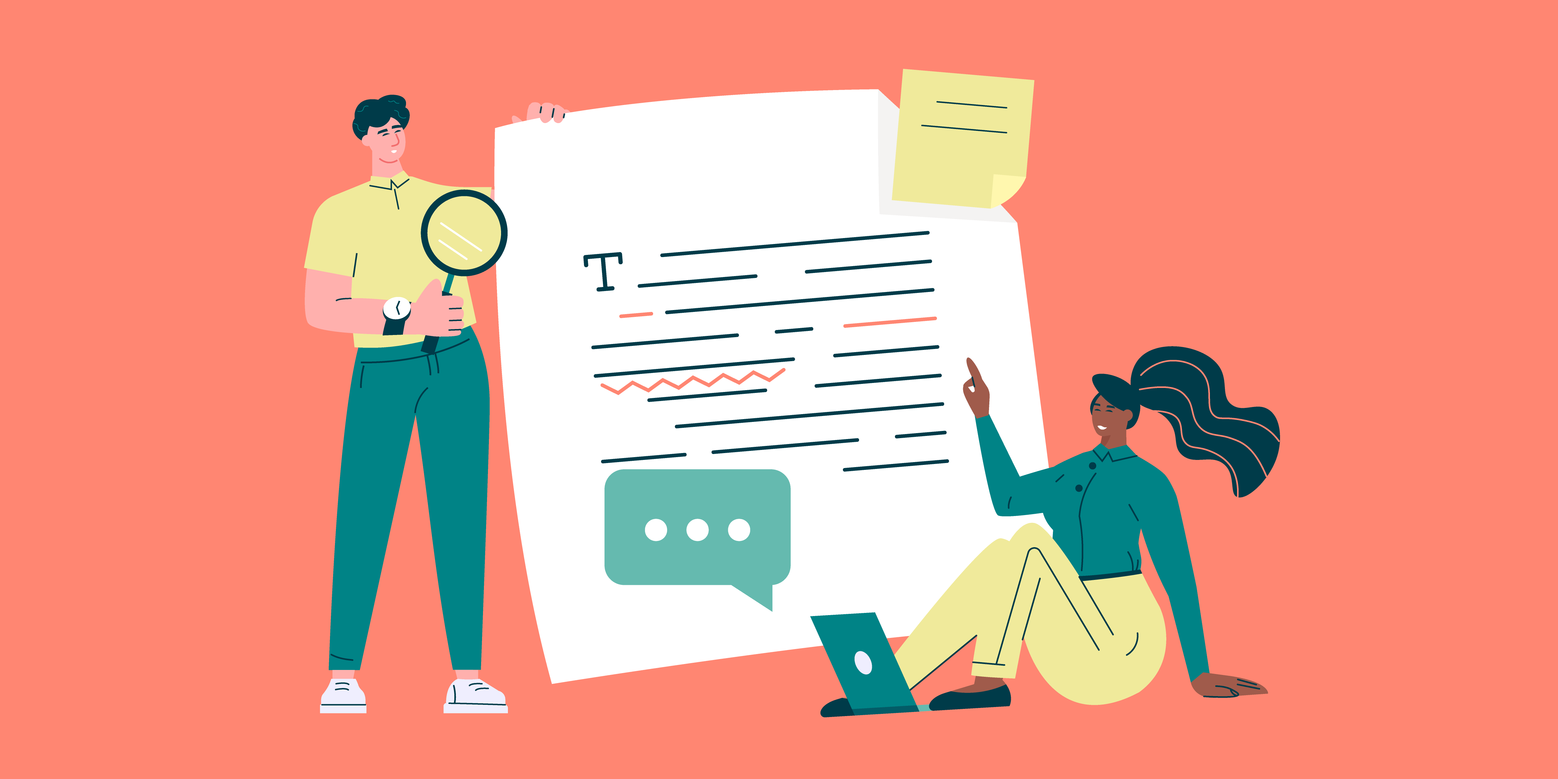 One person commenting on a page that is edited while another person holds a magnifying glass to it