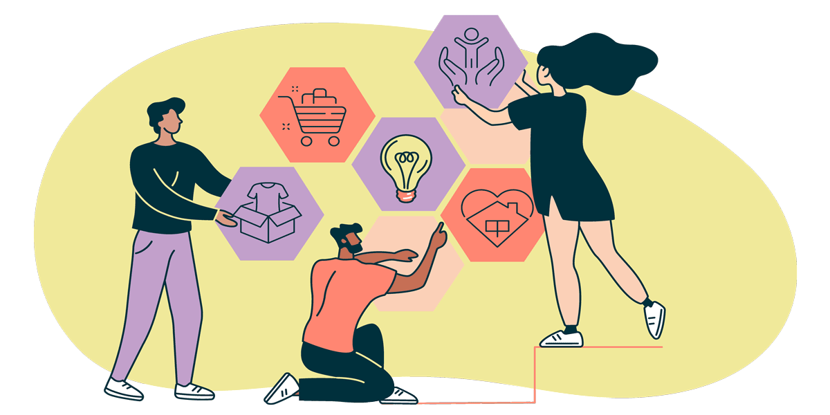 students holding and hanging up tiles w/ designs on them