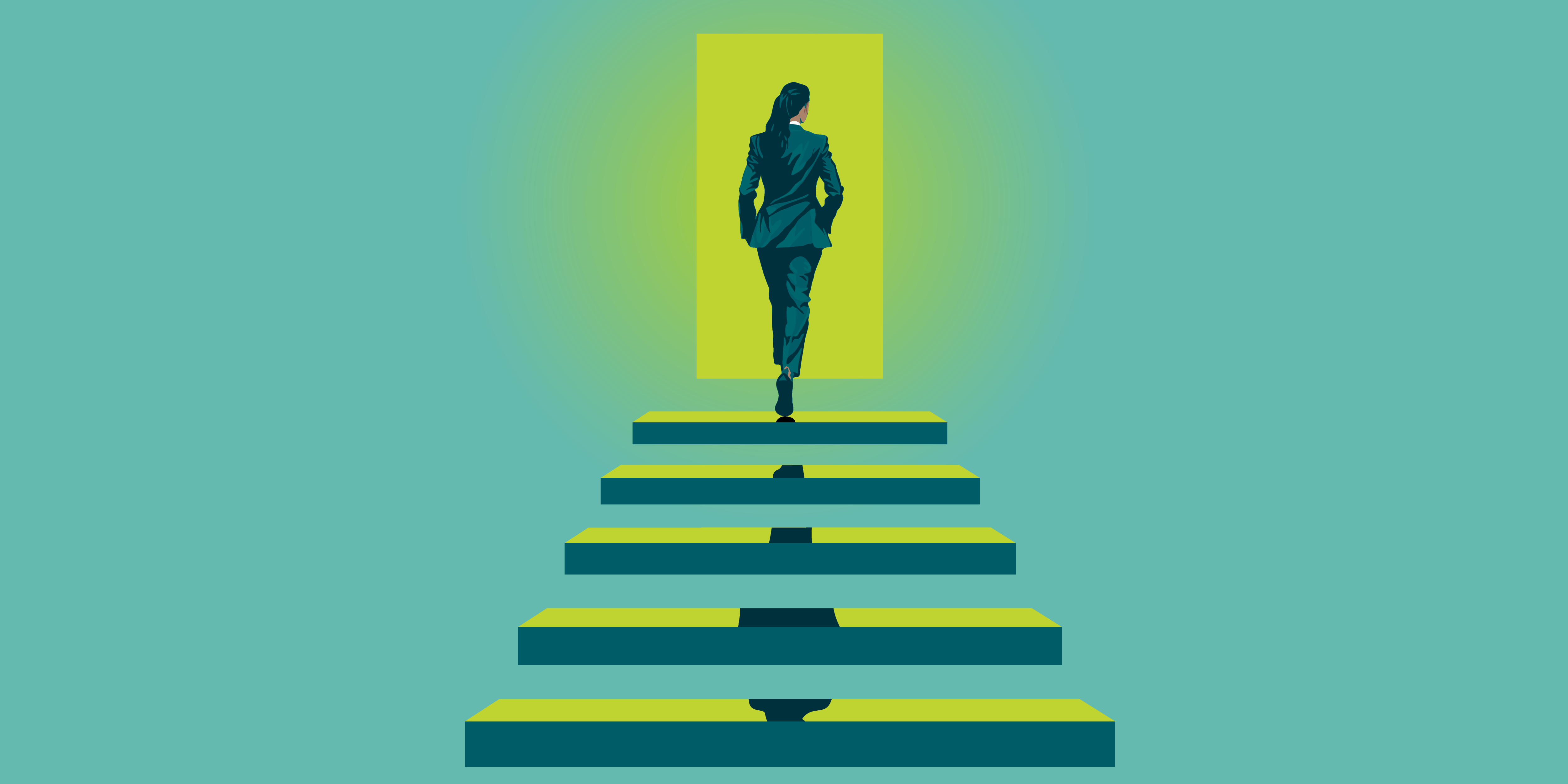 A person walking up steps through a doorway