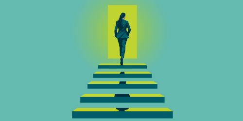 A person walking up steps through a doorway