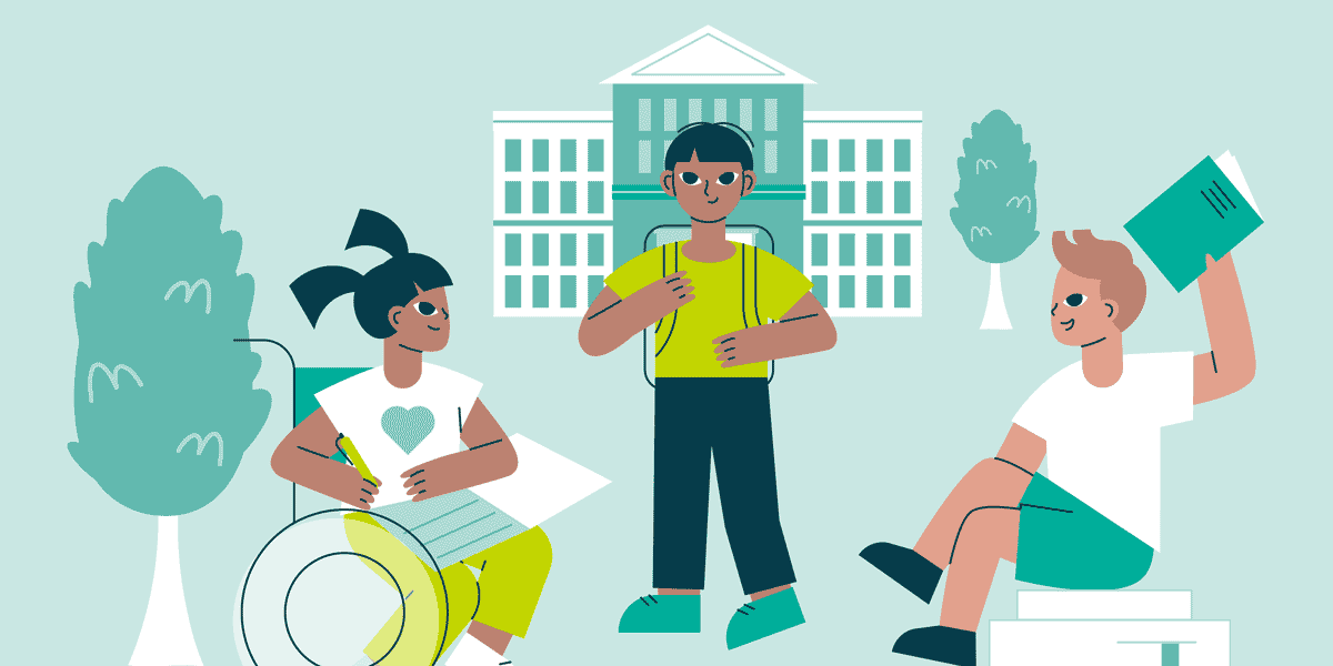 students in front of a school