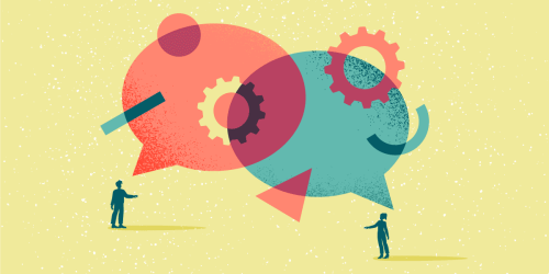 Two giant speech bubbles with gears and shapes floating around them