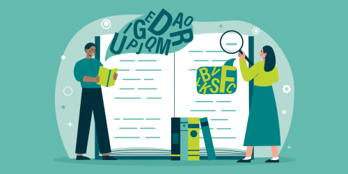 two people looking at a book