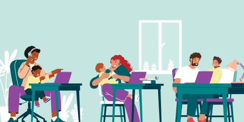 adults with children in a library