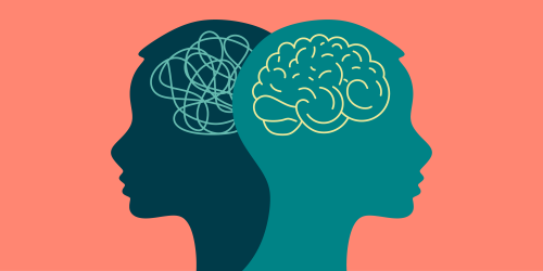 Two silhouettes of a persons profile with an outline of their brain