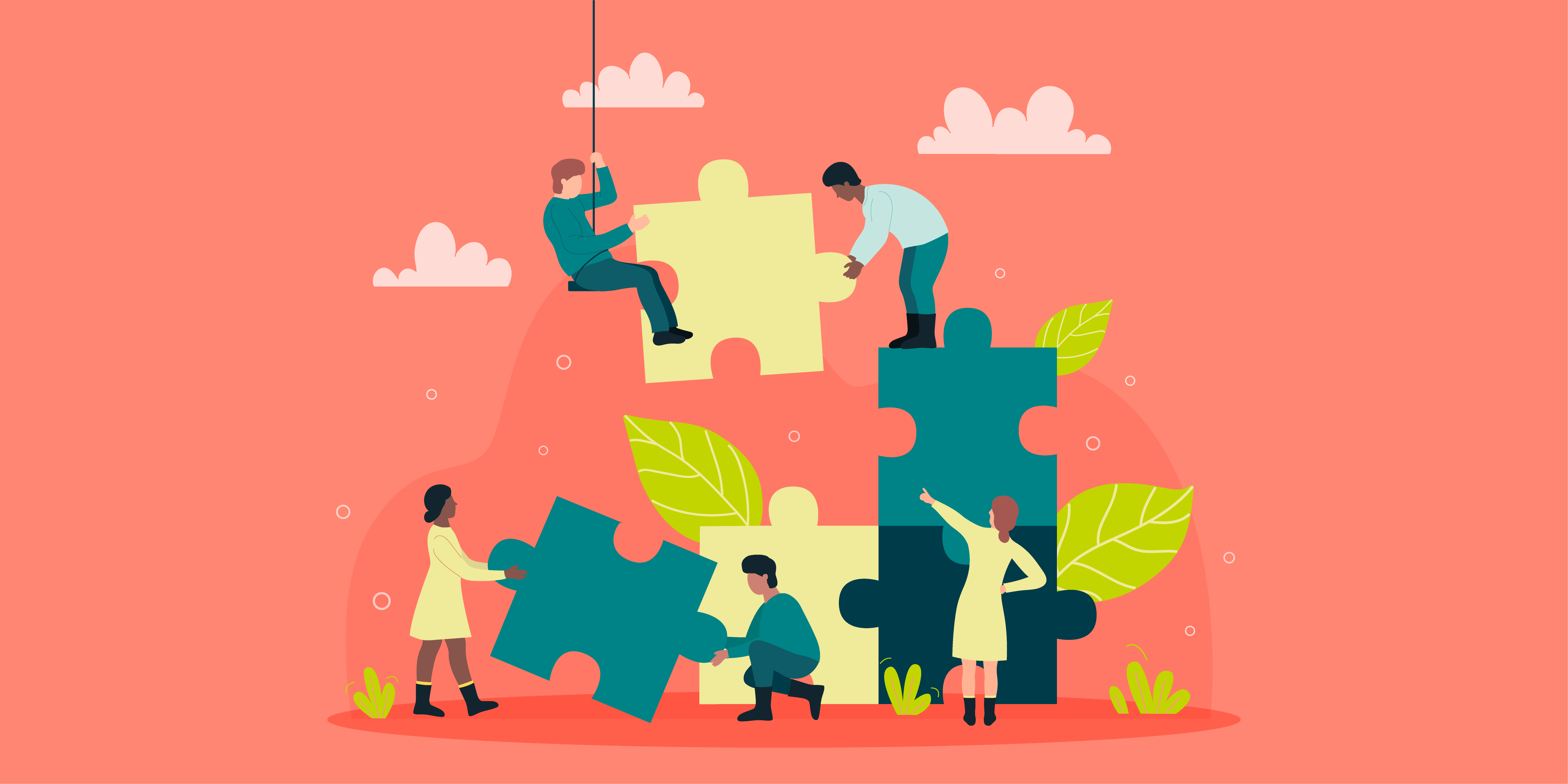 A group of people working together and building up a puzzle