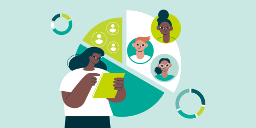 teacher looking at a pie chart