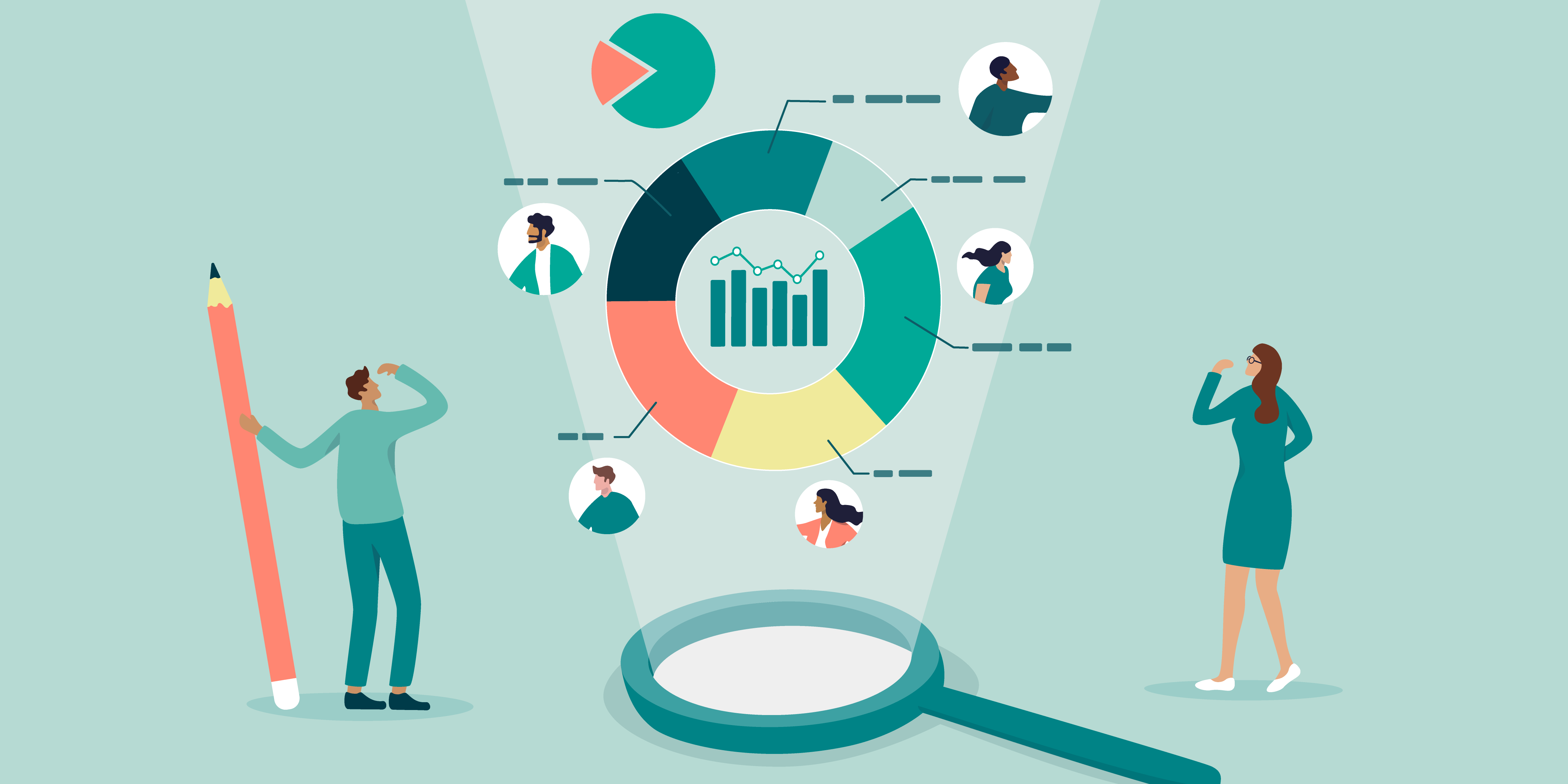 A magnifying glass with data coming out of it with different people coming out of the data